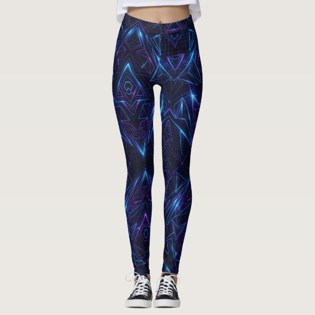 Neon Cyber Geometriskt Sömlöst Mönster Leggings (Framsida)