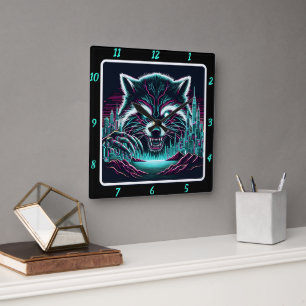 Neon Cyber Raccoon City Fyrkantig Klocka
