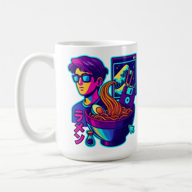 Neon Cyber Ramen - Vaporwave Retro Aesthetic Art Kaffemugg (Vänster)