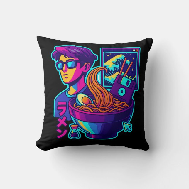 Neon Cyber Ramen - Vaporwave Retro Aesthetic Art Kudde (Framsida)