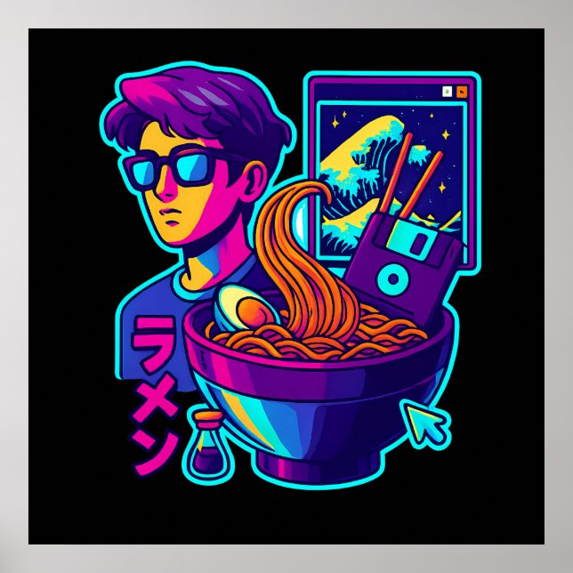 Neon Cyber Ramen - Vaporwave Retro Aesthetic Art Poster (Framsidan)