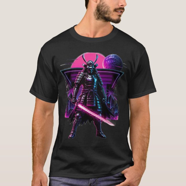 Neon Cyber Samurai Vaporwave Krigare Konst T Shirt (Framsida)