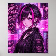 Neon Cyberpunk Anime Flicka "Identitet Smidd" Affi