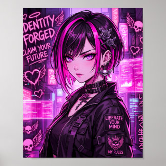 Neon Cyberpunk Anime Flicka "Identitet Smidd" Affi Poster