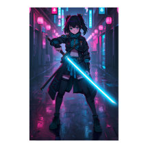 Neon Cyberpunk Anime Flicka med Lysande Svärd Post