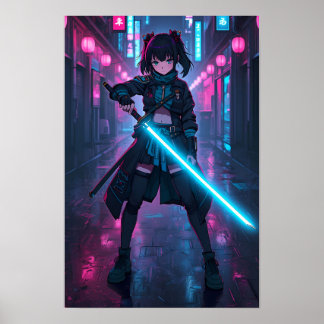 Neon Cyberpunk Anime Flicka med Lysande Svärd Post Poster
