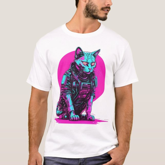 Neon Cyberpunk Cat T Shirt (Framsida)