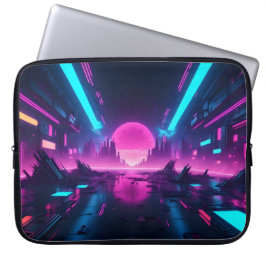 Neon Cyberpunk Cityscape Synthwave Retro Tech Laptop Fodral
