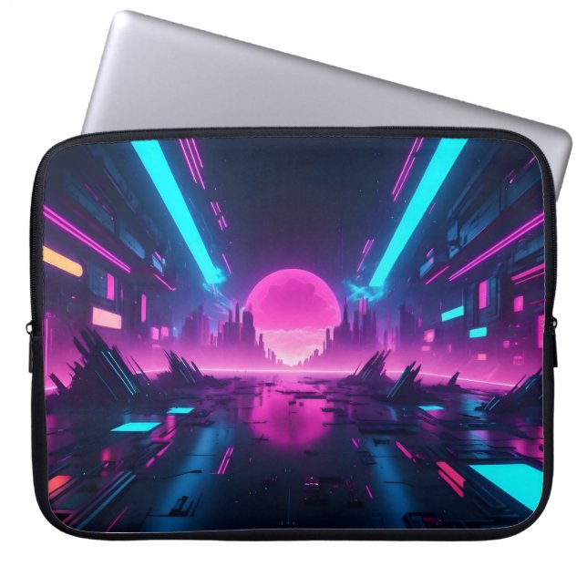Neon Cyberpunk Cityscape Synthwave Retro Tech Laptop Fodral (Framsidan)