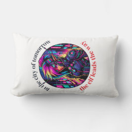 Neon Cyberpunk Elf i Futuristiska Cityscape Lumbarkudde