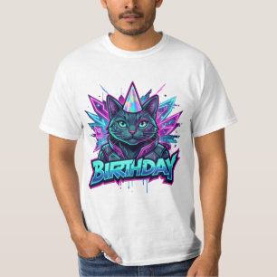 Neon Cyberpunk Katt Födelsedagsfest Grafik T Shirt