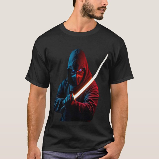 Neon Cyberpunk Ninja – Glowing Katana Graphic T Shirt (Framsida)
