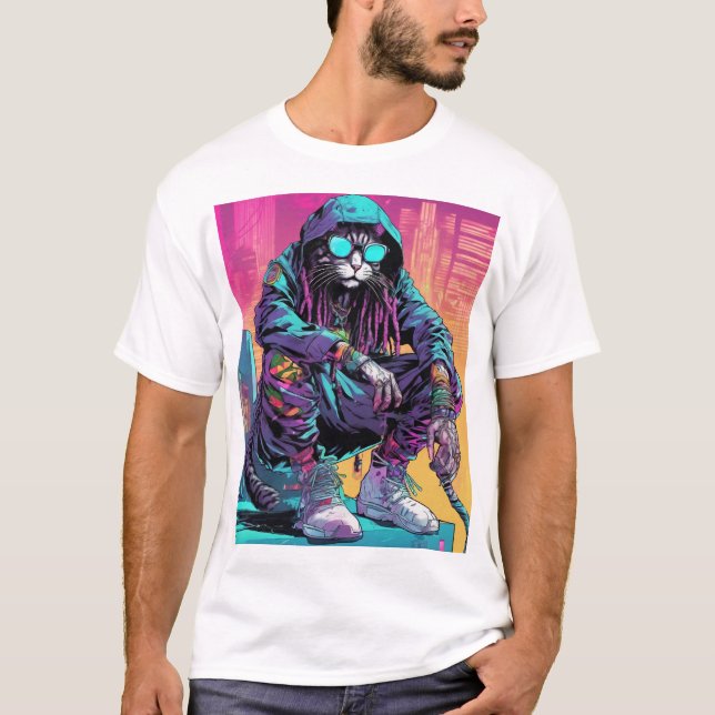 Neon Cyberpunk Rastafari Cat T Shirt (Framsida)