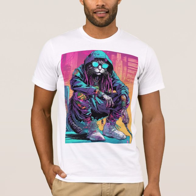 Neon Cyberpunk Rastafari Cat T Shirt (Framsida)