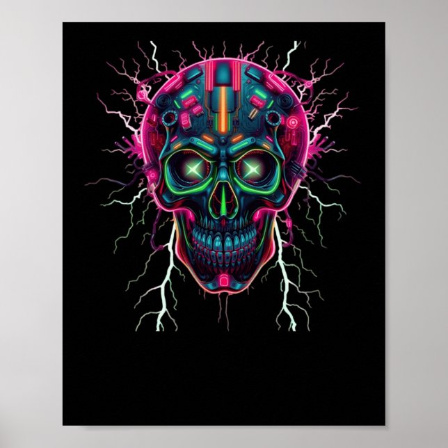 Neon Cyberpunk Skull - Futuristiska Digital Art St Poster (Framsidan)