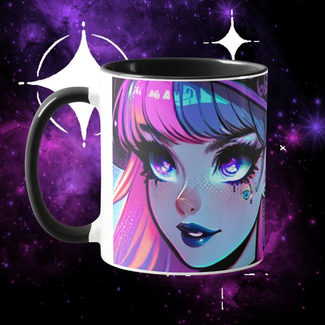Neon Cyberpunk Tech Witch - Futuristiska Art Desig Mugg (cyberpunk, witch, tech, cyber, wiccan, pagan, neon, media, synthwave, mug, gift)