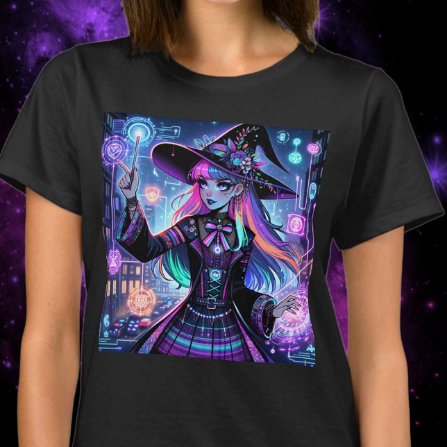 Neon Cyberpunk Tech Witch - Futuristiska Art Desig T Shirt (cyberpunk, witch, tech, cyber, wiccan, pagan, neon, media, synthwave, t-shirt, tee, gift, teen)