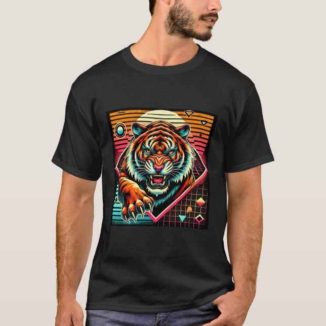 Neon Cyberpunk Tiger Retro Synthwave Design T Shirt (Framsida)