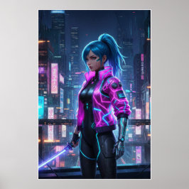 Neon Cyberpunk Tjej | Futuristisk Stadskrigare Poster