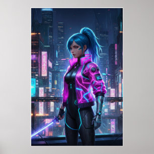 Neon Cyberpunk Tjej Futuristisk Stadskrigare Poster