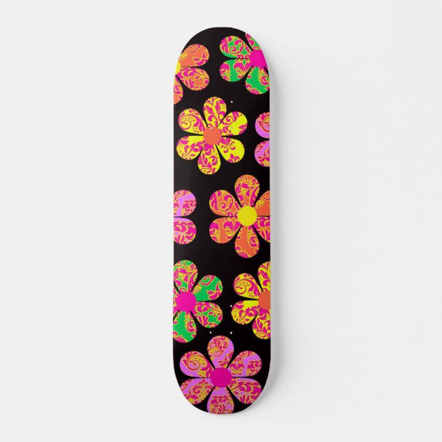 Neon Damask Flowers Skateboard Bräda 20,5 Cm (Framsida)