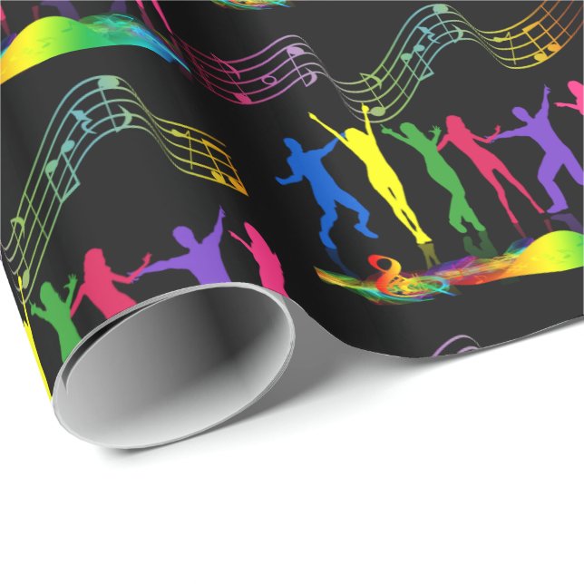 Neon Dance Party Music People on Black Presentpapper (Rullad Hörn)