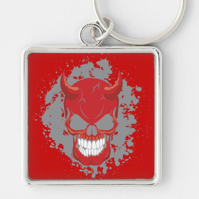 Neon Demon Skull Fyrkantig Silverfärgad Nyckelring (Framsidan)