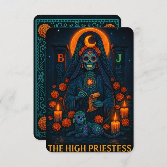 Neon Dia de los Muertes High Priestess Tarot Card (Fram/baksida)