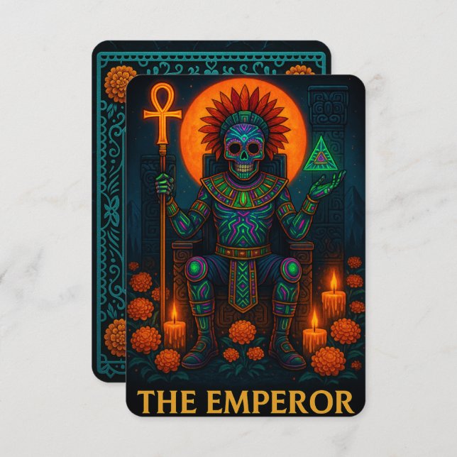 Neon Dia de los Muertos Emperor Tarot Card (Fram/baksida)