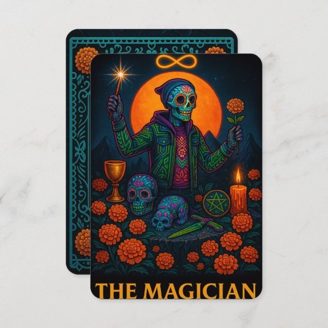 Neon Dia de los Muertos, Magician Tarot Card (Fram/baksida)