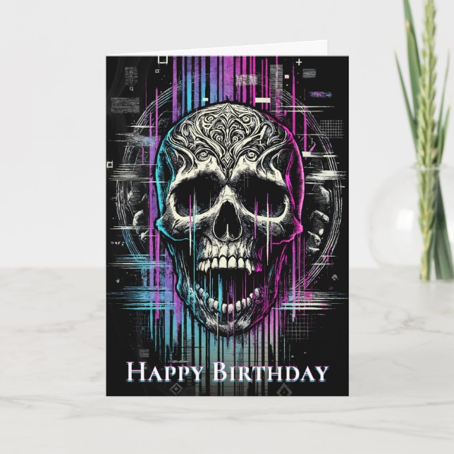 Neon Digital Decay Gothic Cyber Skull Tack Kort (Framsida)