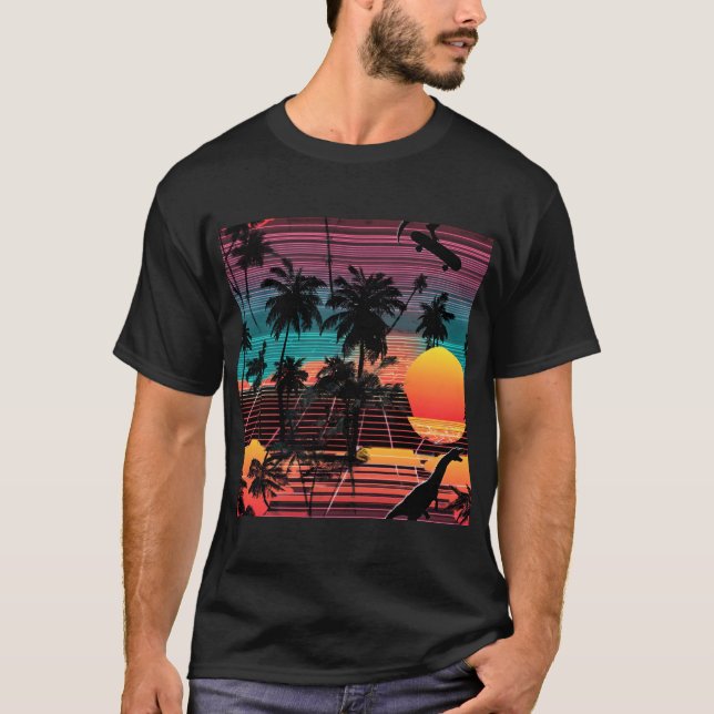 Neon Dinosaur and Skater at Sunset T Shirt (Framsida)