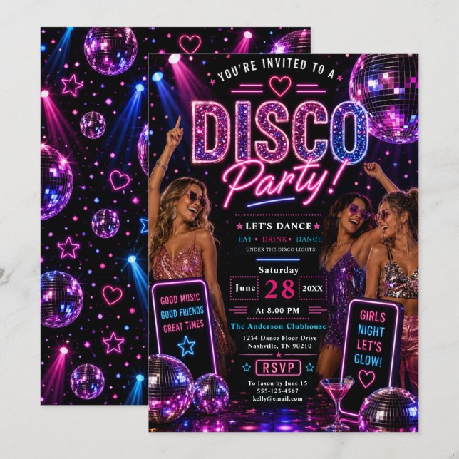 Neon Disco Dansfest Inbjudningar (Fram/baksida)