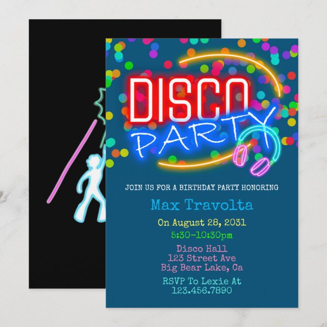 Neon Disco Födelsedagsfest Inbjudningar (Fram/baksida)
