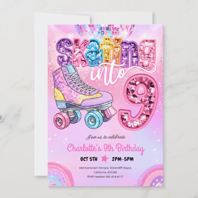 Neon Disco Rullskridsko 9-årsdag Inbjudningar (Framsida)