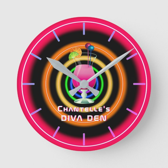 NEON DIVA DEN - Tropical Cocktails Personlig Rund Klocka (Framsida)