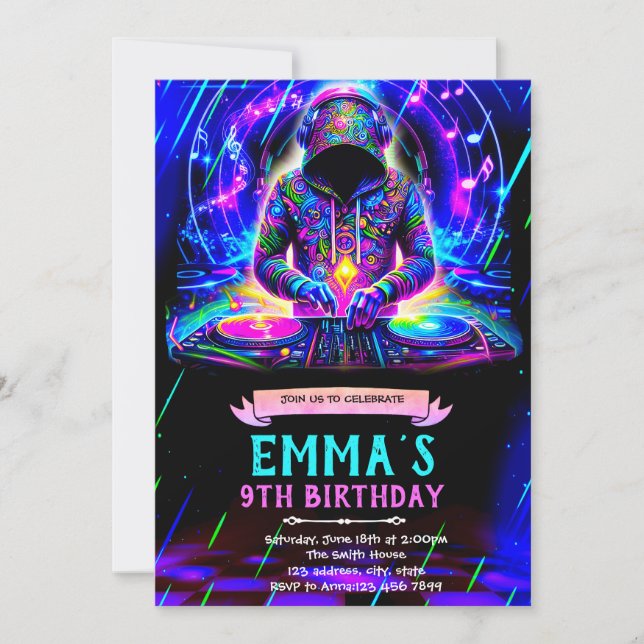 Neon DJ birthday party invitation Inbjudningar (Framsida)