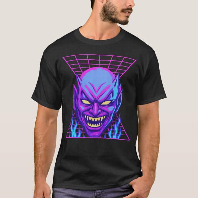 Neon Djävulen Synthwave Demon Head Retro Horror T Shirt (Framsida)