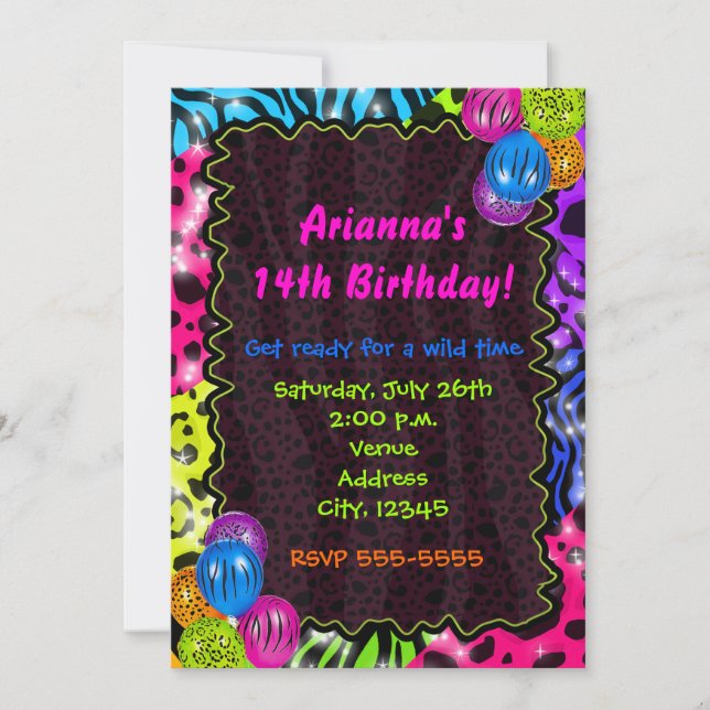 Neon Djurtryck Gepard Leopard Zebra Party Inbjudningar (Framsida)