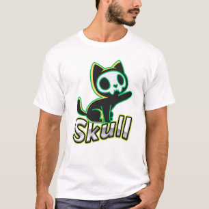 Neon Dödskalle Katt Kawaii Gotisk Konst T Shirt