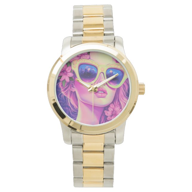 Neon Dream Girl med Blommigt Sunglasses Armbandsur (Framsida)
