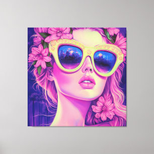 Neon Dream Girl med Blommigt Sunglasses Canvastryck
