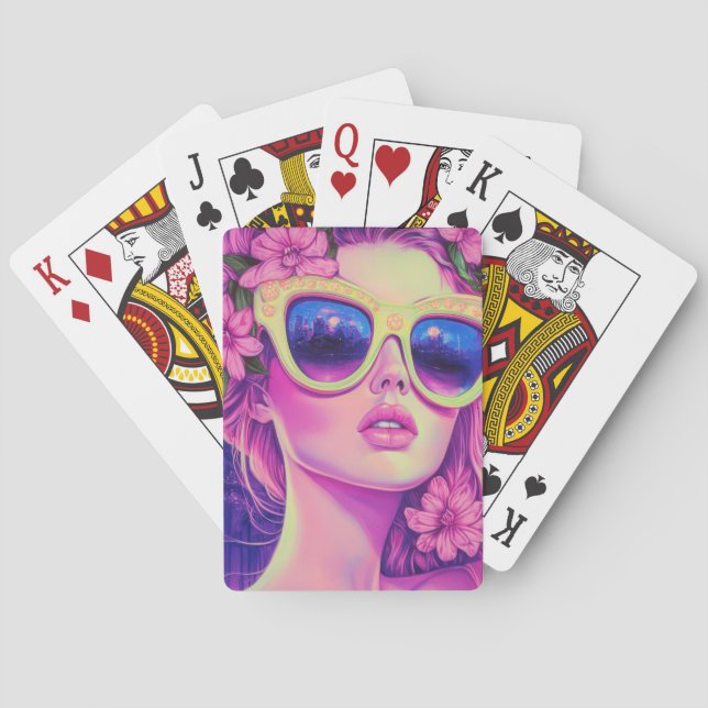 Neon Dream Girl med Blommigt Sunglasses Casinokort (Baksidan)