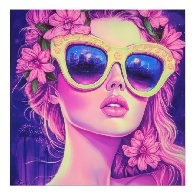 Neon Dream Girl med Blommigt Sunglasses Fototryck (Framsidan)