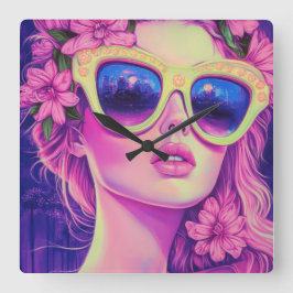 Neon Dream Girl med Blommigt Sunglasses Fyrkantig Klocka