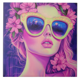 Neon Dream Girl med Blommigt Sunglasses Kakelplatta