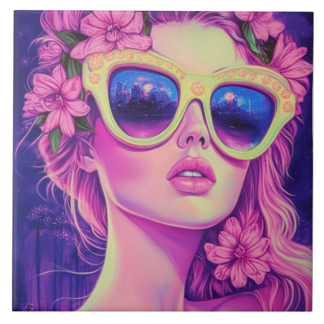 Neon Dream Girl med Blommigt Sunglasses Kakelplatta (Framsidan)