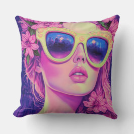 Neon Dream Girl med Blommigt Sunglasses Kudde
