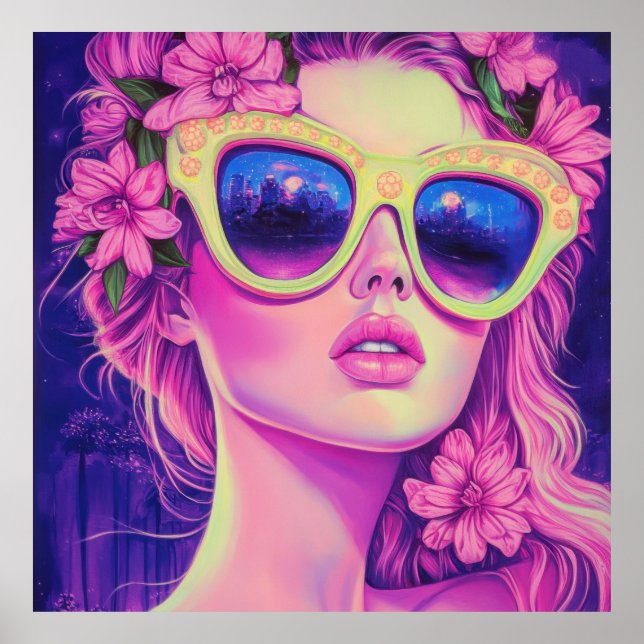 Neon Dream Girl med Blommigt Sunglasses Poster (Framsidan)