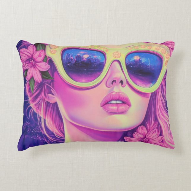 Neon Dream Girl med Blommigt Sunglasses Prydnadskudde (Framsidan)